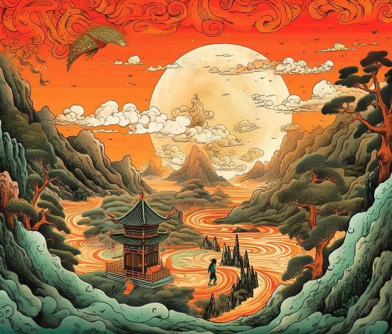 山川河流小路晚霞松树古典祥云国潮风中国风传统文化节日插画,插画/手绘图,插画/手绘图库,插画/手绘图下载,插画/手绘